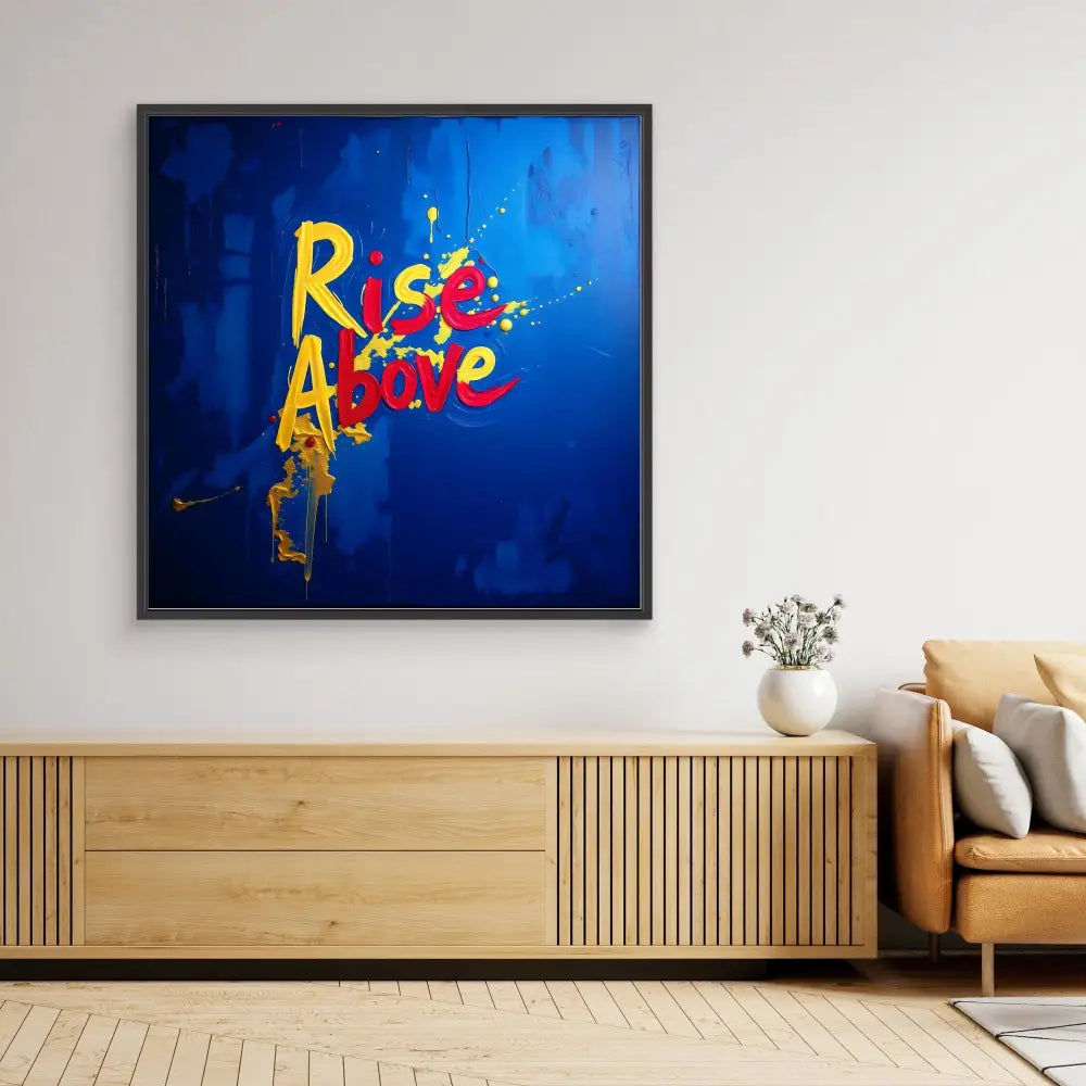 Framed abstract art piece featuring colorful letters spelling ’RAGE’ against a blue backdrop.