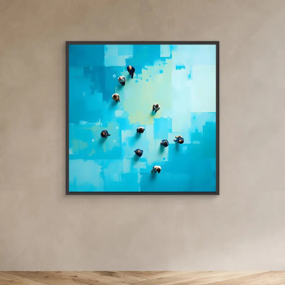 Framed abstract artwork featuring black birds scattered across a turquoise and pale yellow background.