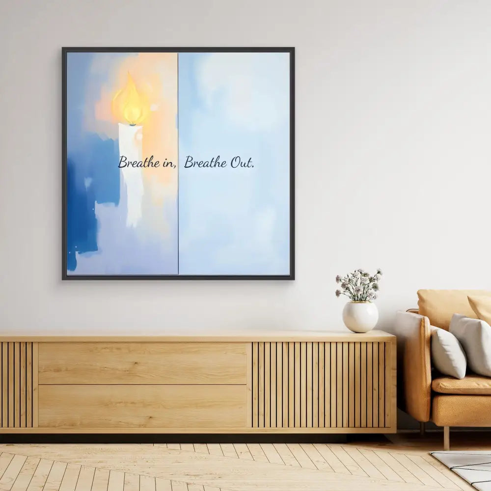 Framed abstract artwork with blue tones and text reading ’Breathe in, Breathe Out’