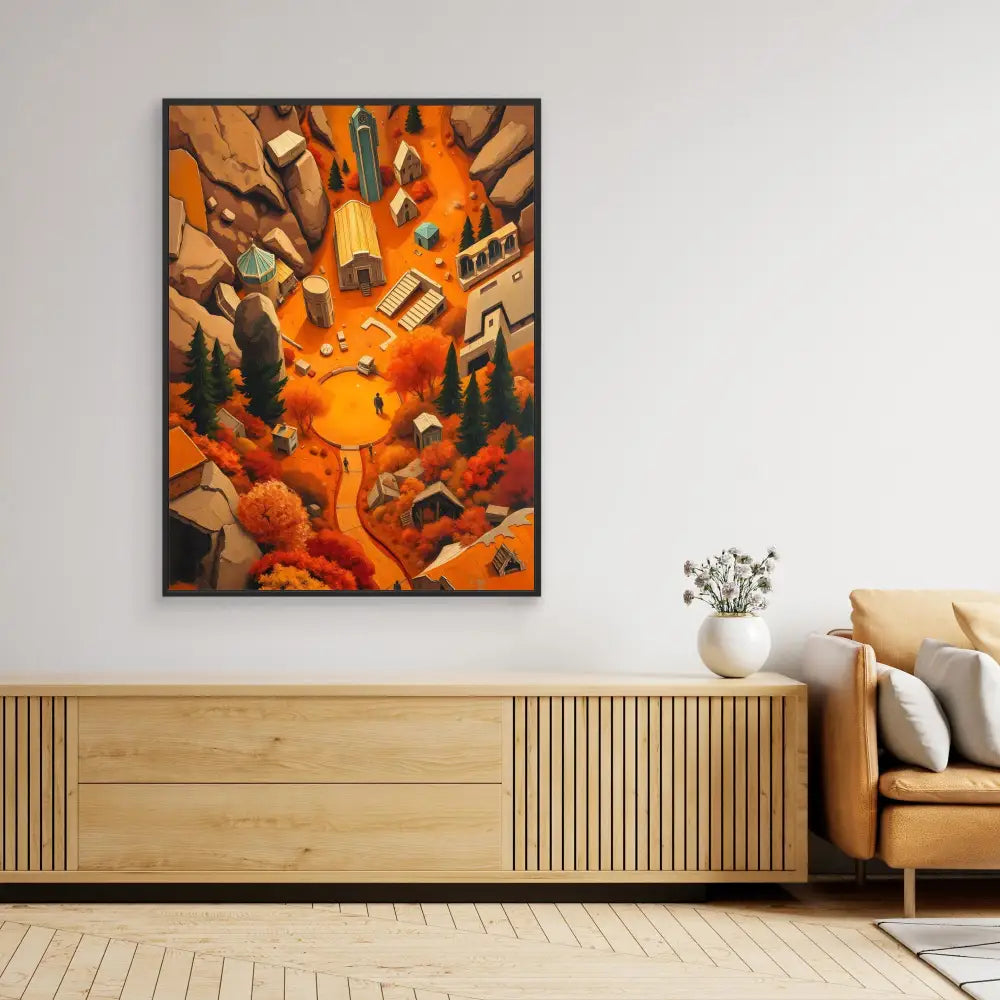 A framed abstract artwork with books and geometric shapes exploding outward against an orange background.