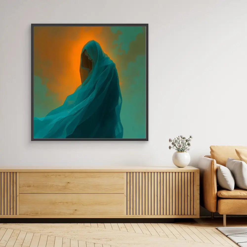 Framed abstract artwork featuring a hooded figure silhouetted against an orange glow.