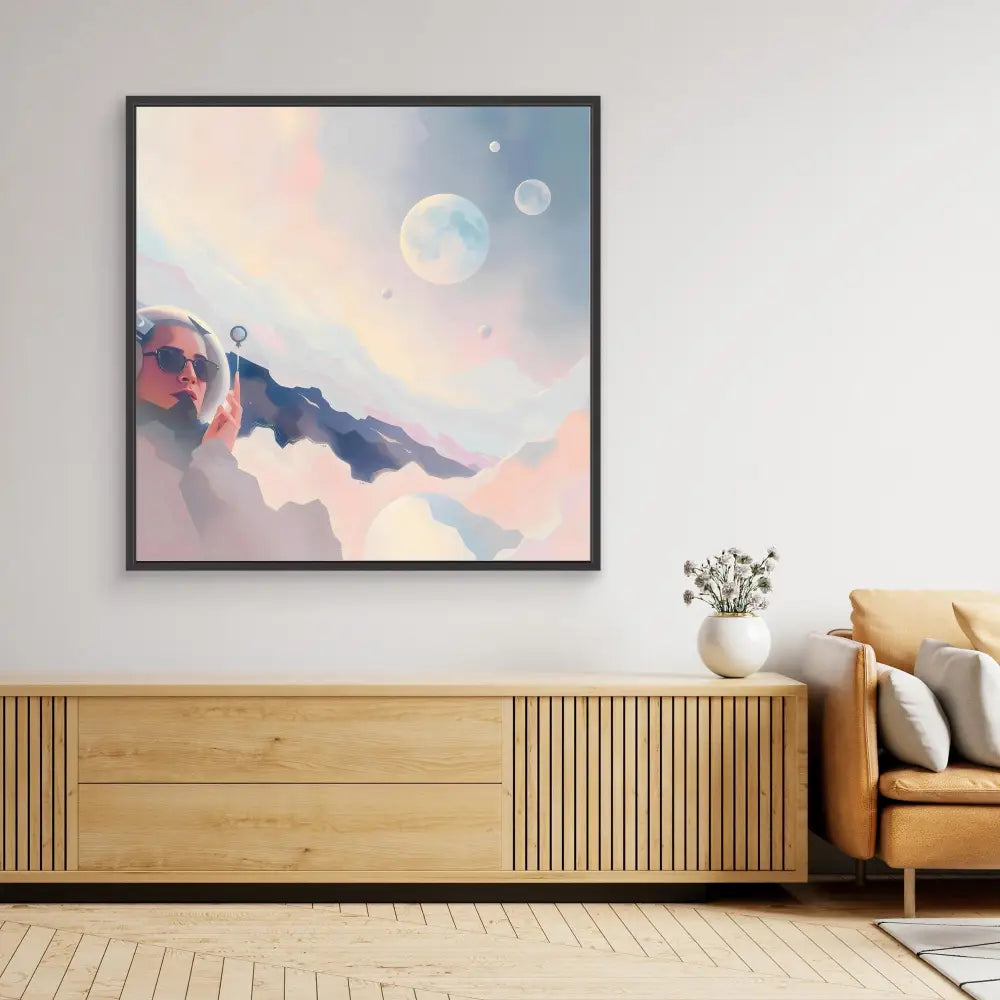 Framed abstract artwork featuring misty mountains and moons against a pastel sky.