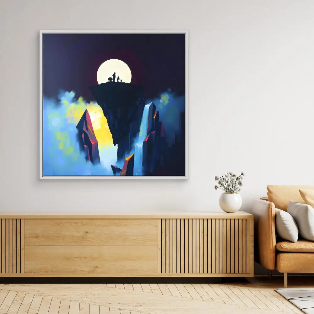 Framed abstract artwork featuring a full moon above colorful waterfalls in dark blue tones.