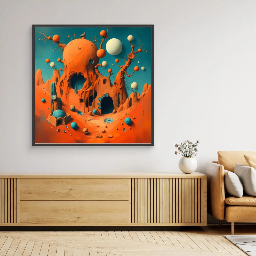 A framed abstract artwork featuring orange liquid splashes and floating spheres against a turquoise background.