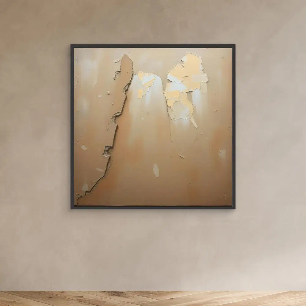 Framed abstract artwork with torn or peeling beige and white elements.