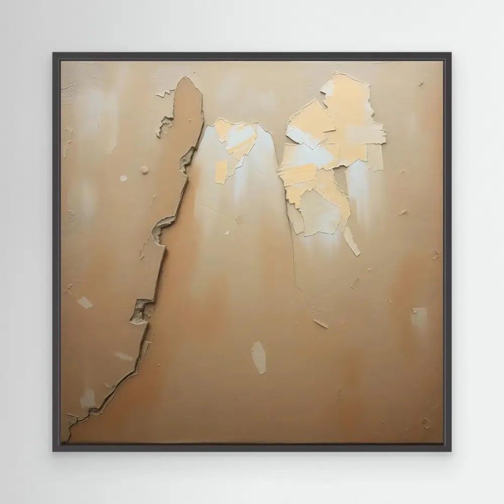 Framed abstract artwork featuring peeling or torn layers of beige and white surfaces.