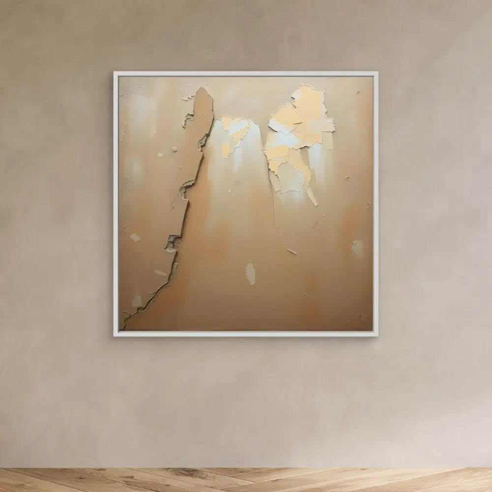 Framed abstract artwork featuring torn or peeling shapes in beige and white tones.