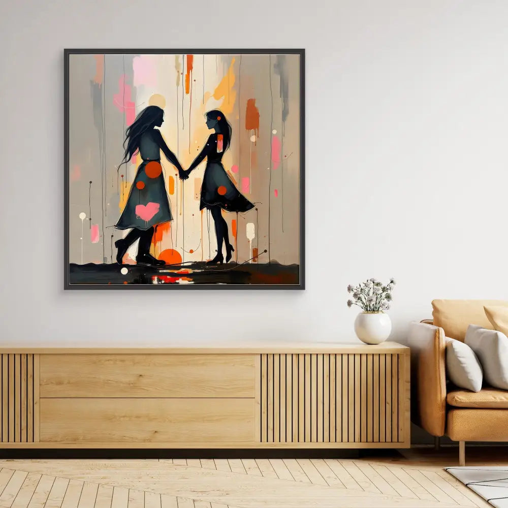 Framed abstract artwork depicting two silhouetted figures holding hands against a painterly background with splashes of orange and pink.