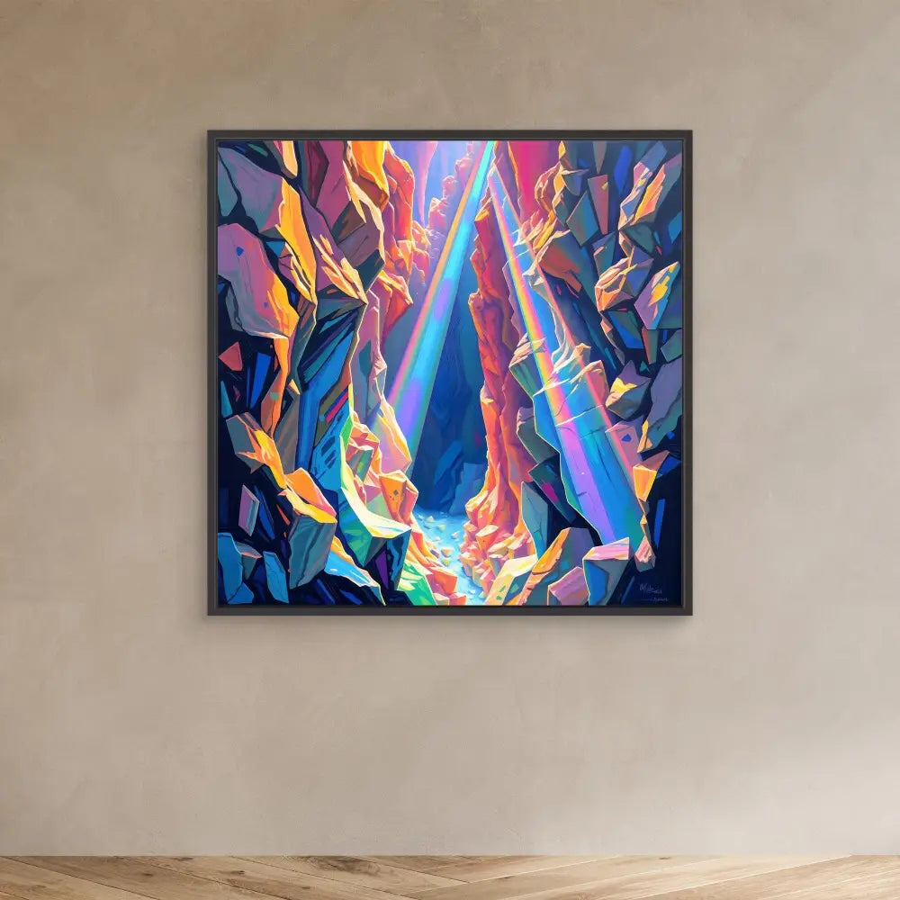 Framed abstract artwork featuring vibrant swirling patterns in blue, pink, orange and purple.