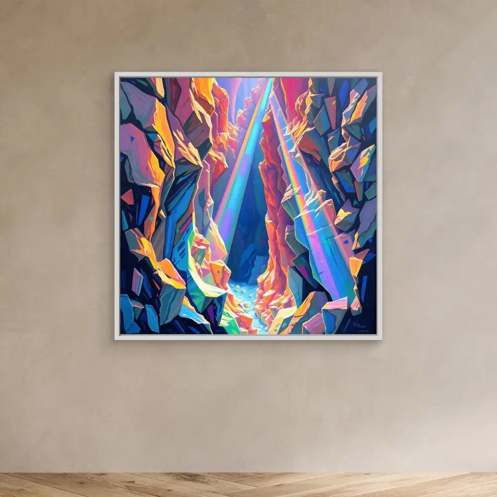 Framed abstract artwork featuring vibrant swirling patterns in blue, pink, orange and purple.