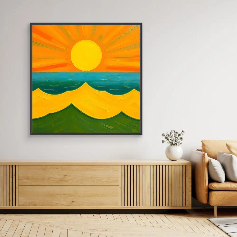 Framed abstract landscape painting featuring a bright sun, orange sky, and rolling green and yellow hills.