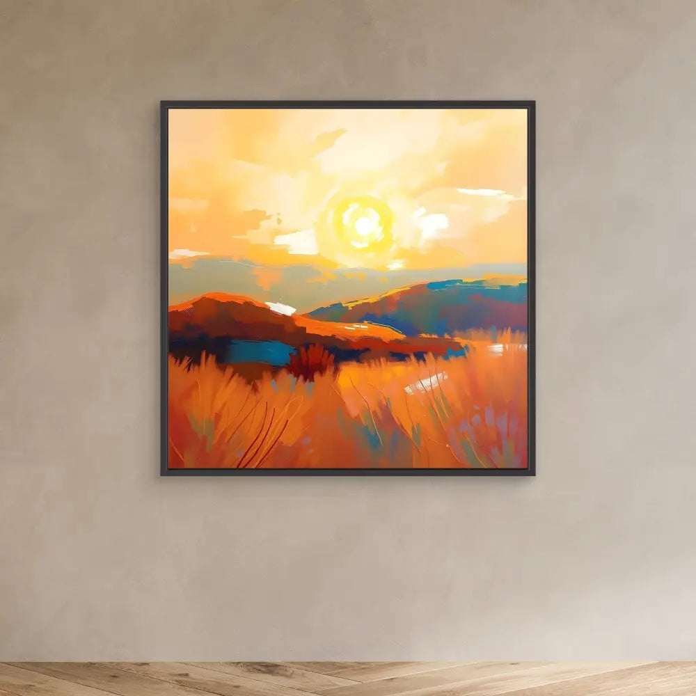 Framed abstract landscape painting featuring a sunset over mountains and fields in warm orange and blue tones.