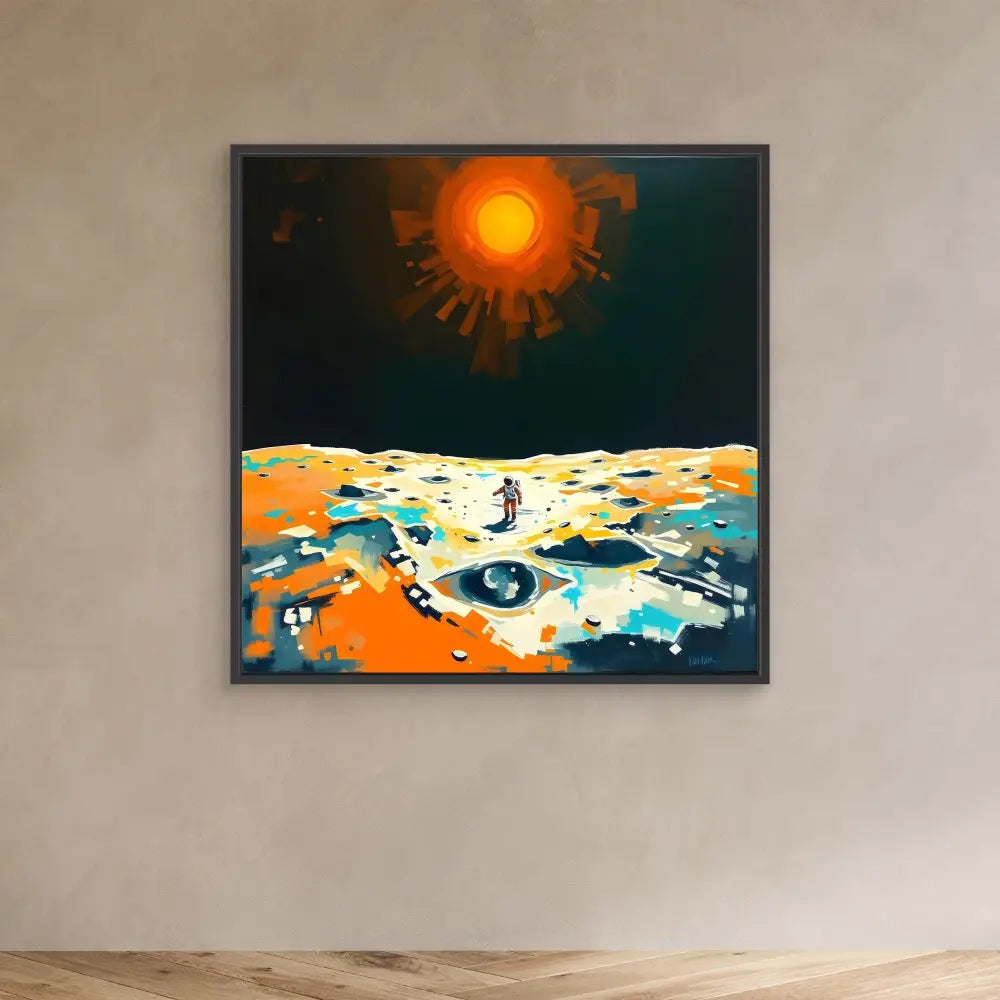 A framed abstract painting depicting a bright sun over a colorful lunar landscape.