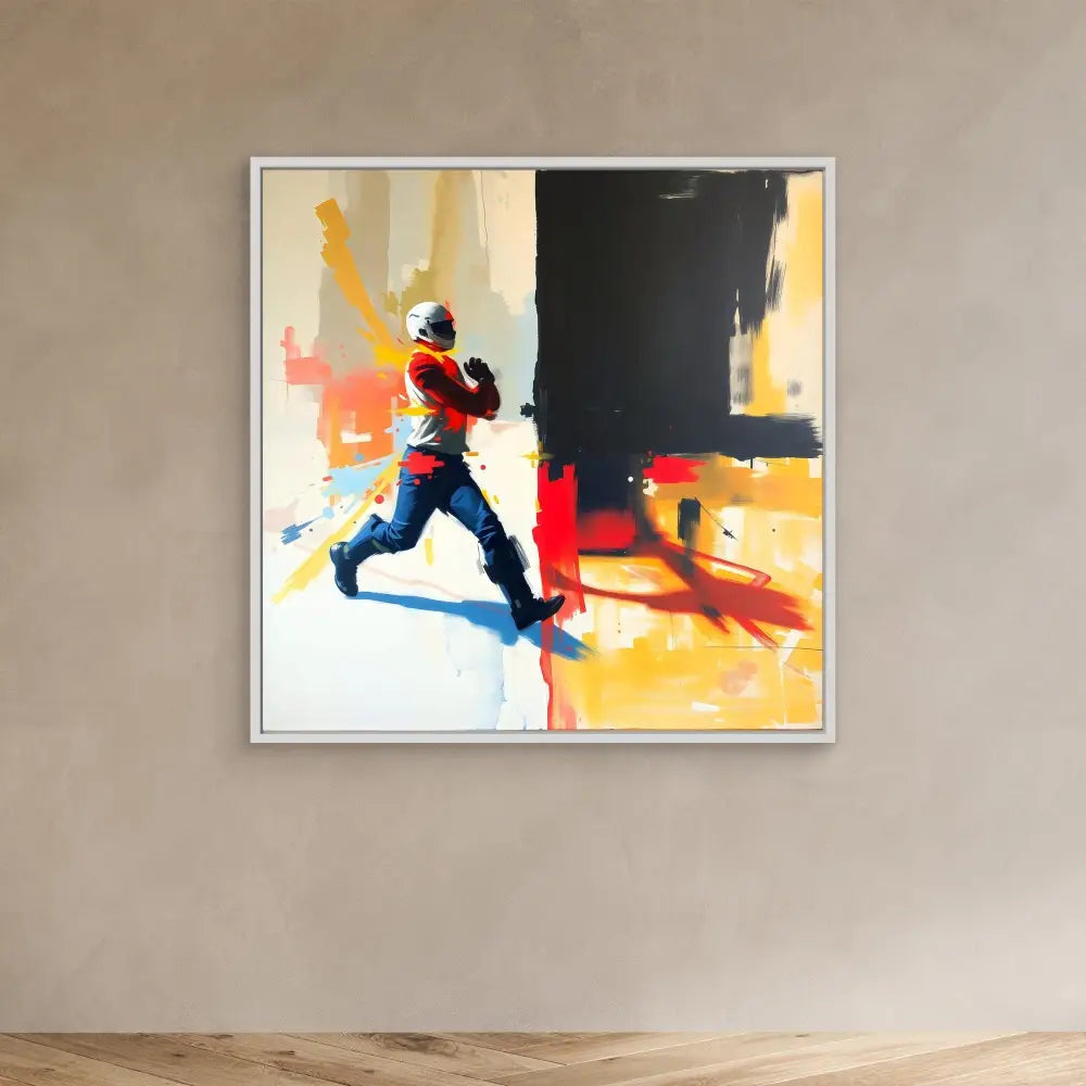 A framed abstract painting depicting a running figure in bold red, yellow and black colors.