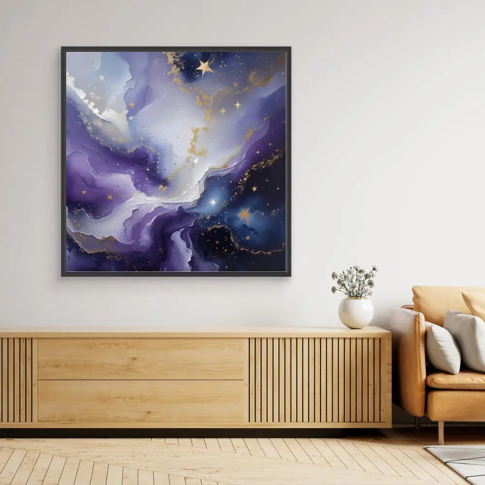 Framed abstract painting featuring swirling purple and blue nebula-like patterns with golden stars.