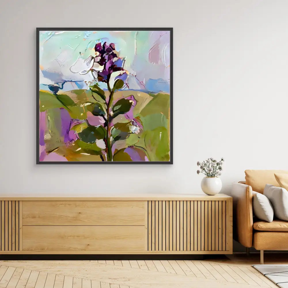 Framed abstract painting of a purple flower stem with green leaves against a pastel sky.