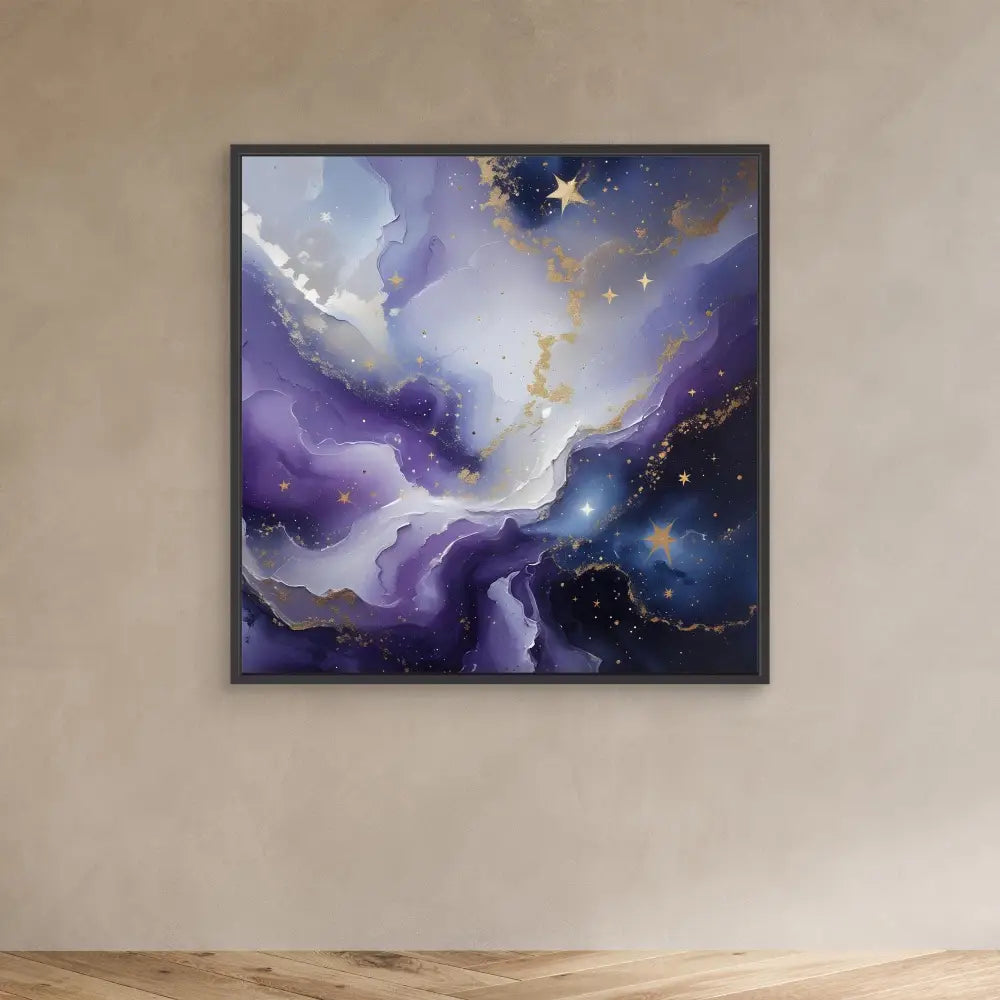 Framed abstract painting featuring swirling purple nebulae and golden stars in a cosmic design.