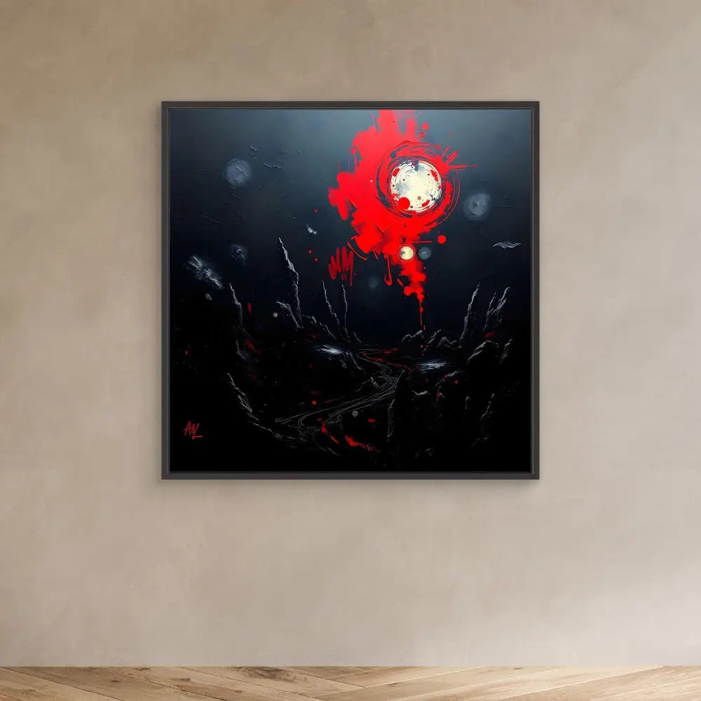 A framed abstract painting featuring a vibrant red splash against a dark background.