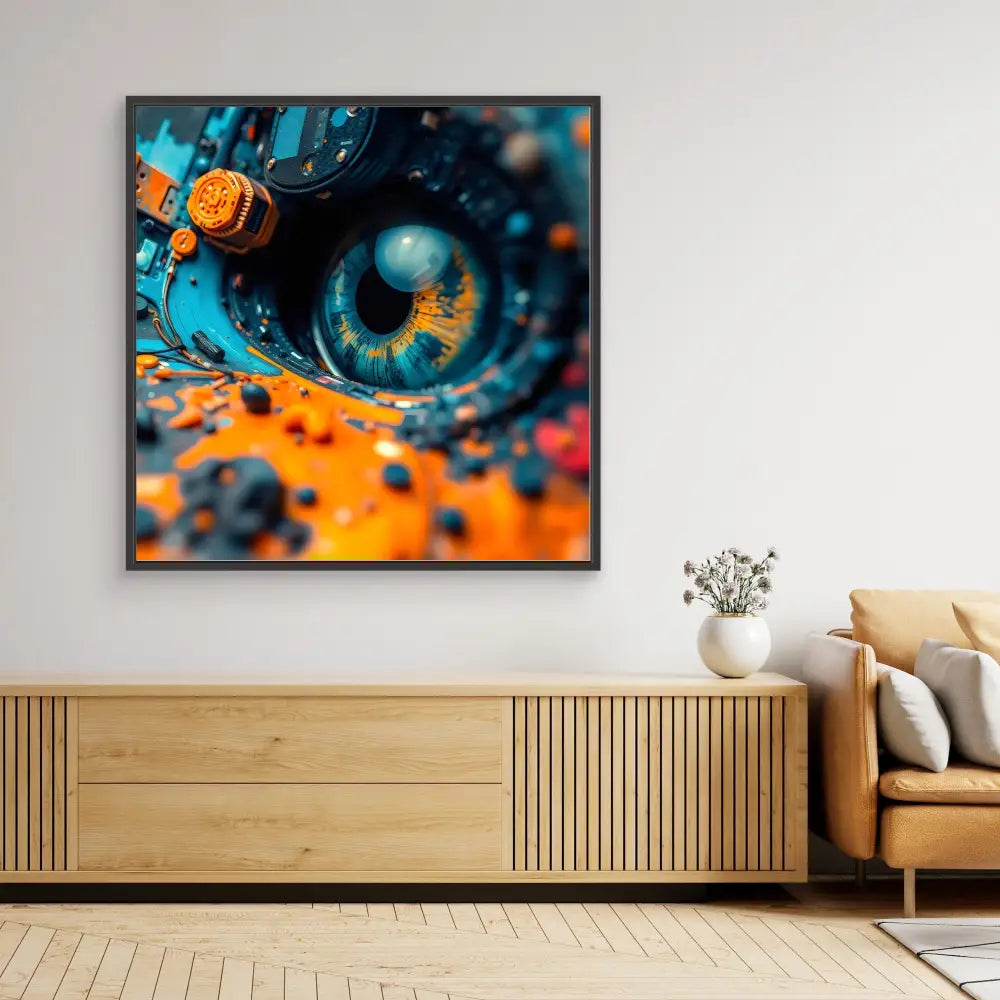 A framed abstract photograph of a turquoise eye with orange accents.