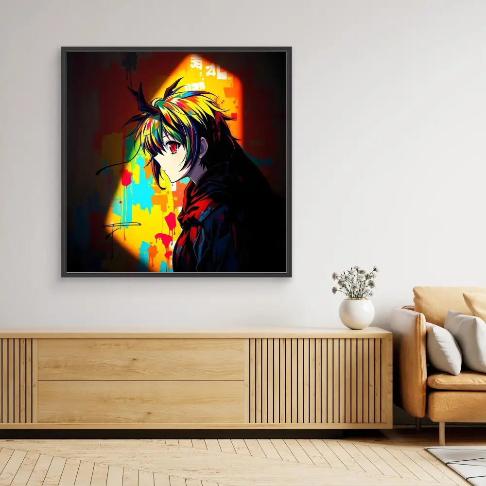 Framed anime-style artwork featuring a character with spiky hair against a colorful background.