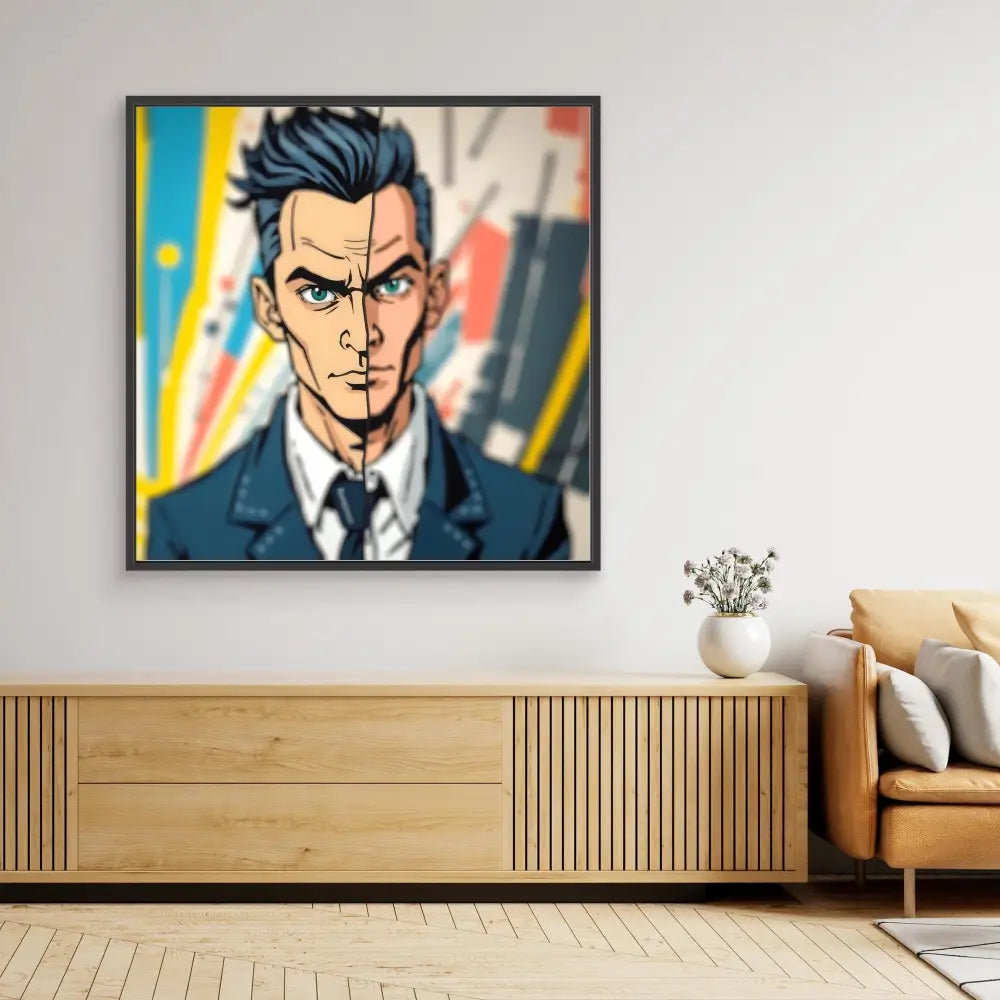 Framed anime-style portrait of a stern businessman with dark spiked hair against a colorful background.