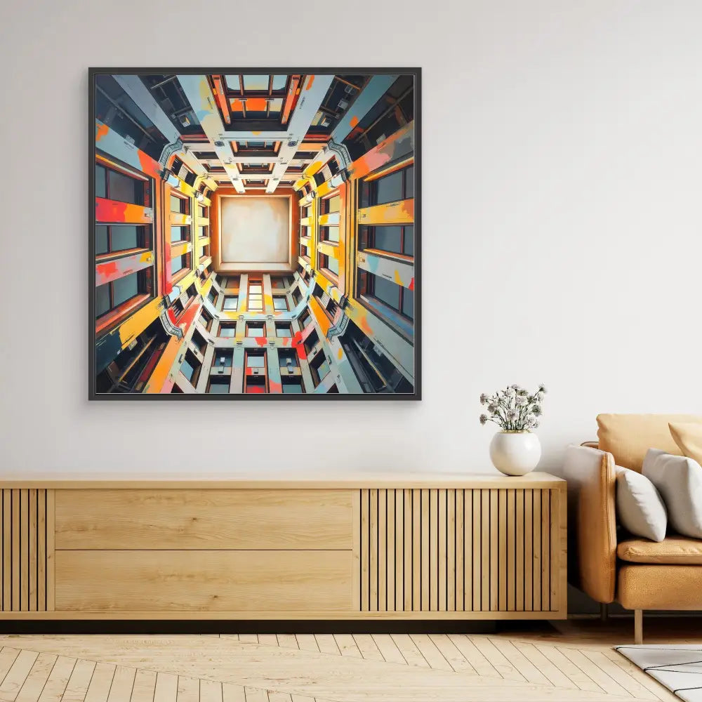 Framed architectural photograph showing a colorful upward view through a building’s courtyard.