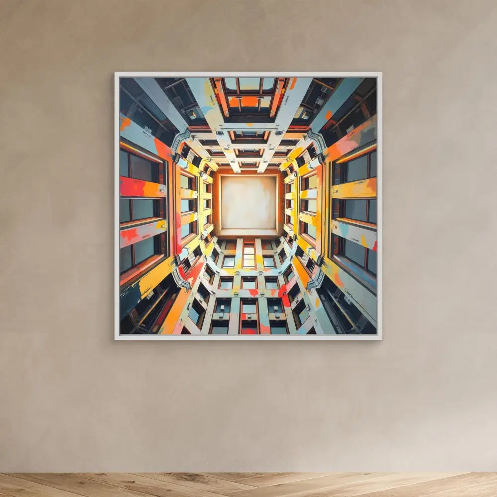 Framed architectural photograph looking upward through a colorful geometric courtyard to a square of sky.