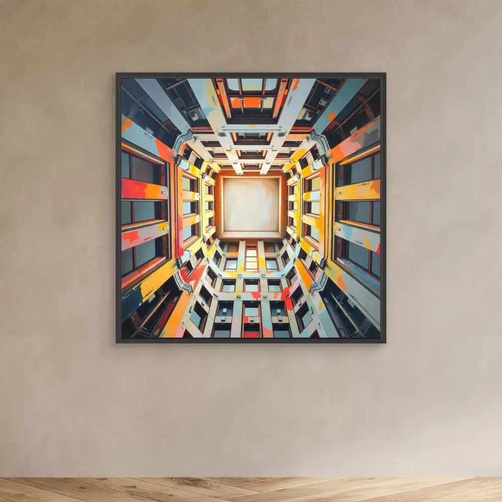 Framed architectural photograph looking upward through a colorful geometric building courtyard.