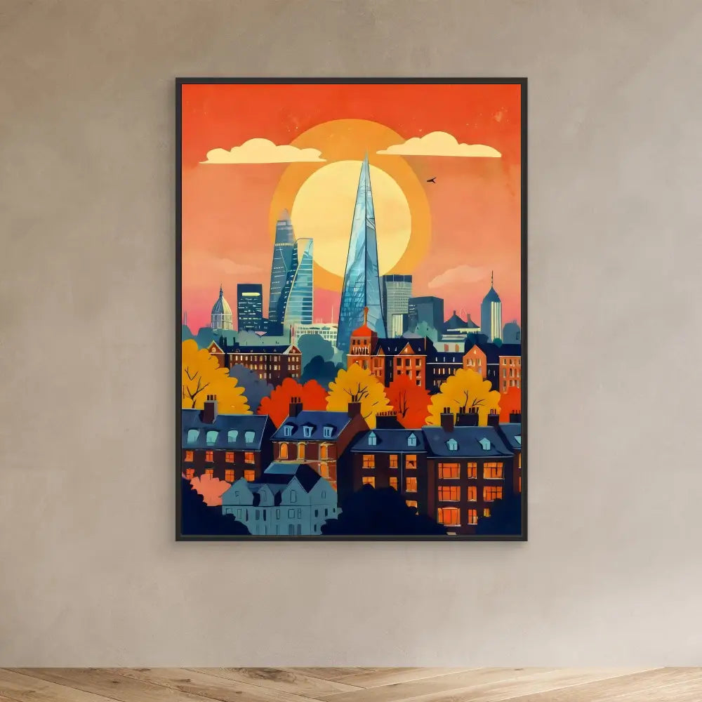 Framed art print depicting London’s skyline at sunset with modern skyscrapers and historic buildings.