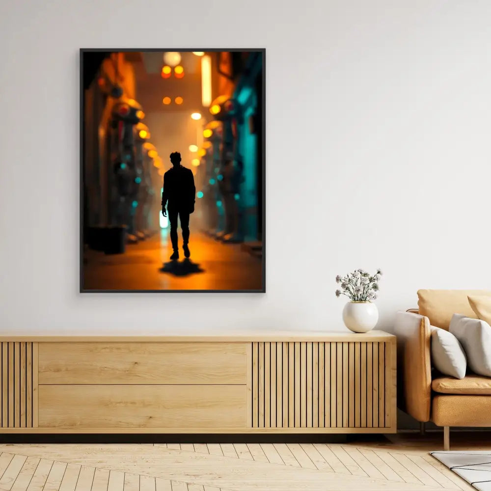 A framed art print showing a silhouetted figure standing in a moody, neon-lit urban corridor.