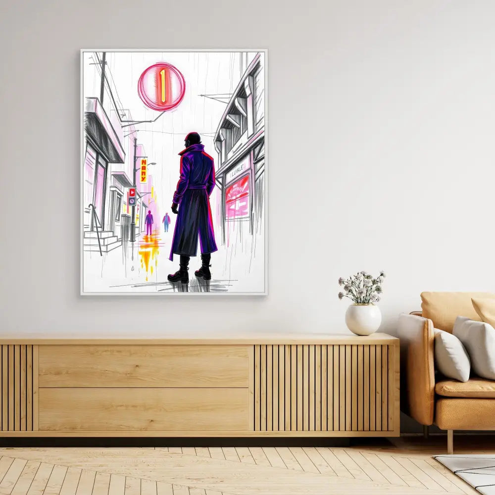 A framed artistic illustration of a figure in a purple coat standing in a minimalist urban street scene.