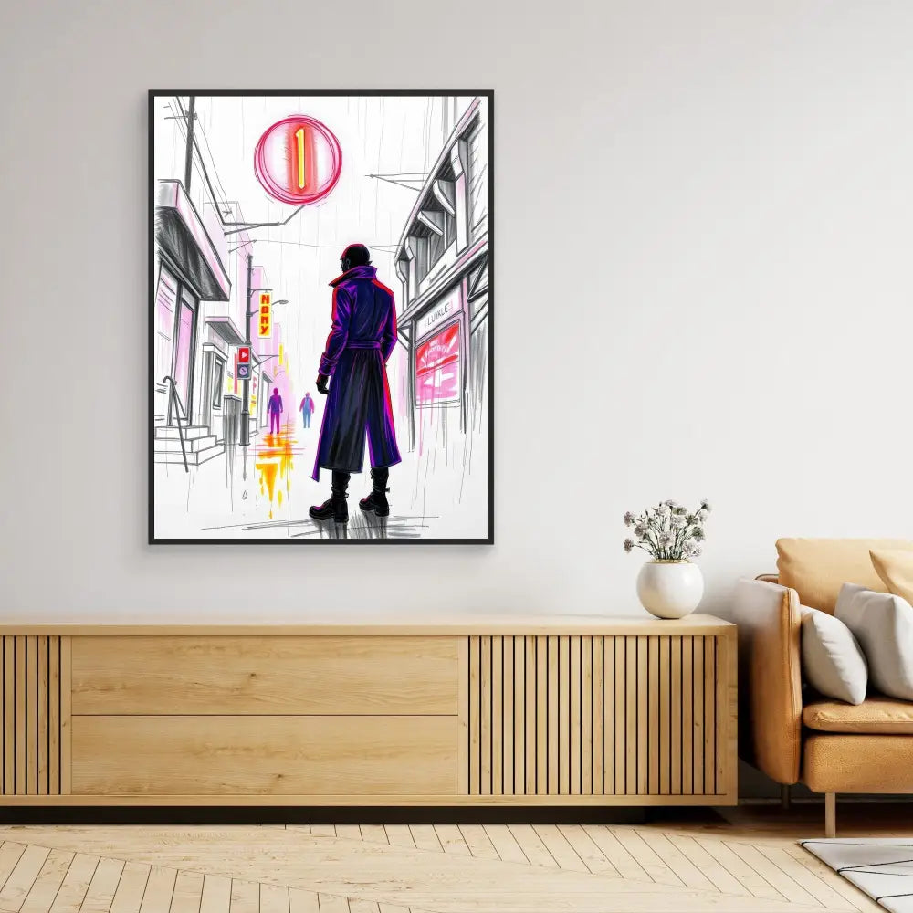 A framed artistic illustration of a figure in a purple coat standing in a minimalist urban street scene.