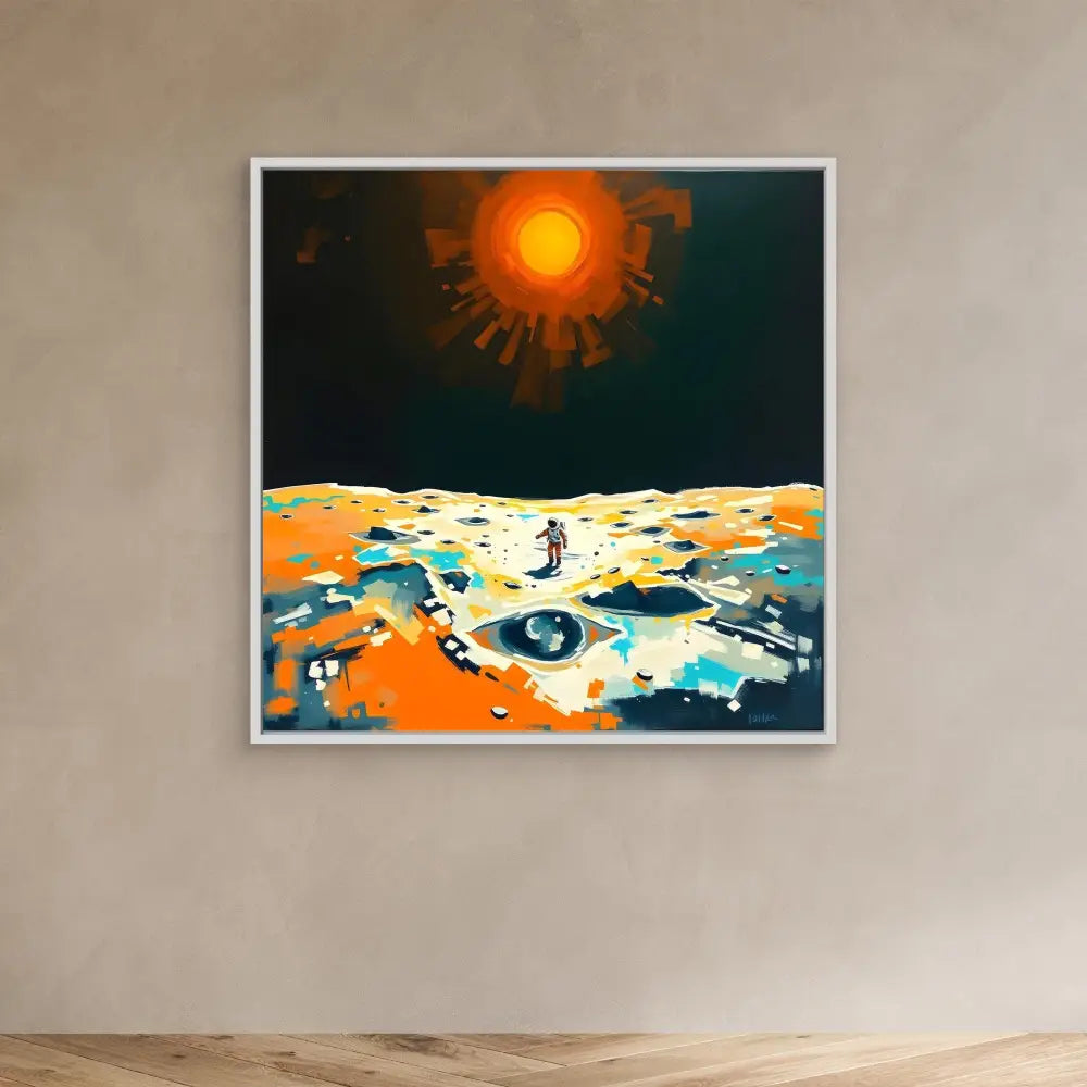 A framed artistic illustration of a lunar landscape with a bright sun in the dark sky.