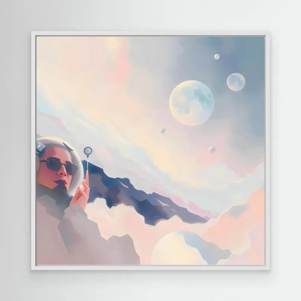 A framed artistic illustration showing multiple moons in a pastel-colored sky.