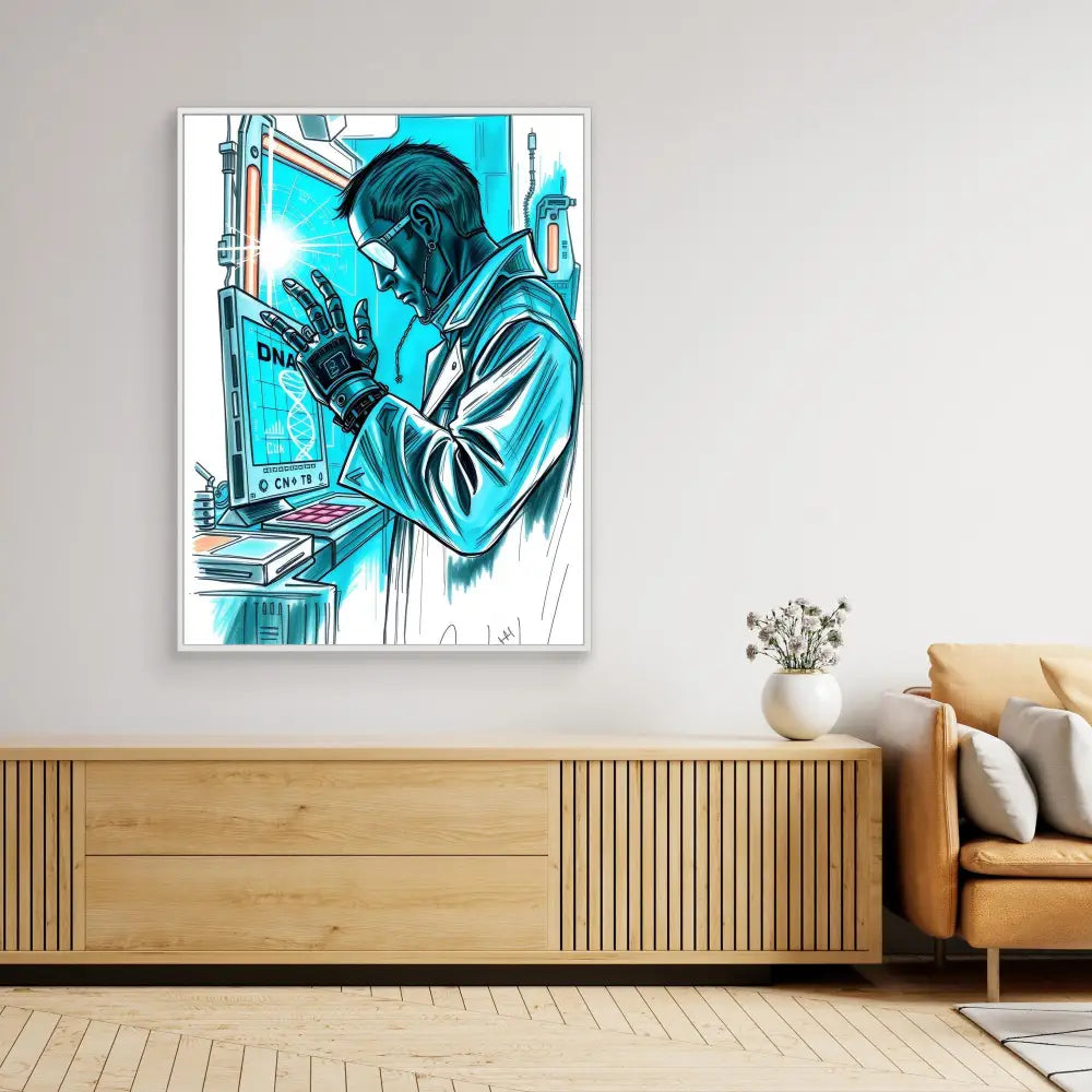 A framed artistic illustration in turquoise tones showing a scientist examining something through a microscope.