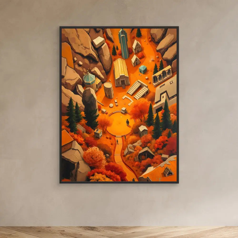 A framed artistic painting depicting an aerial view of autumn-colored buildings and trees along a winding path.