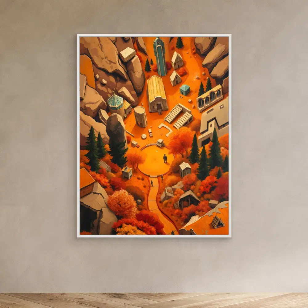 A framed artistic painting depicting an aerial view of an autumn village nestled among rocky cliffs and orange trees.