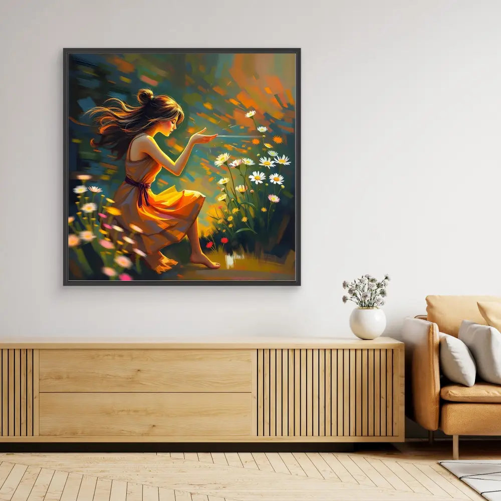 A framed artistic painting depicting a figure in an orange dress surrounded by floating flower petals.