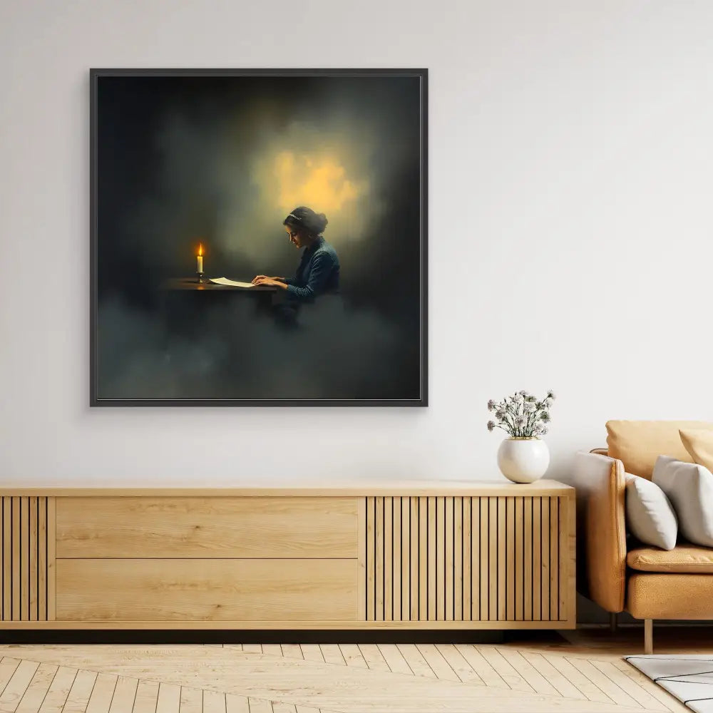 A framed artistic painting showing a silhouetted figure reading by candlelight.