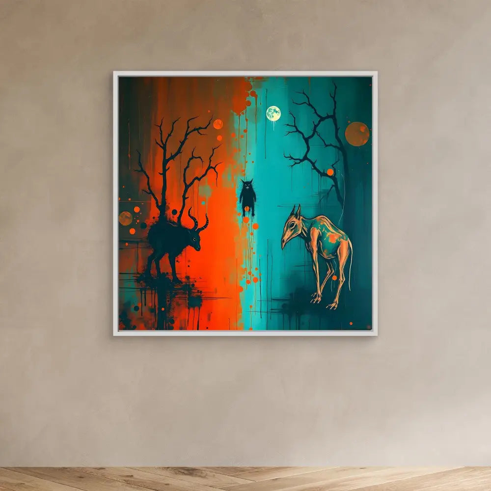 A framed artistic painting featuring silhouettes of animals and trees against a split orange and teal background.