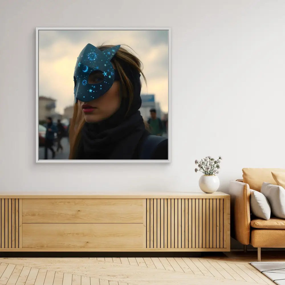 A framed artistic photograph showing a person wearing a glittering blue mask or face covering.