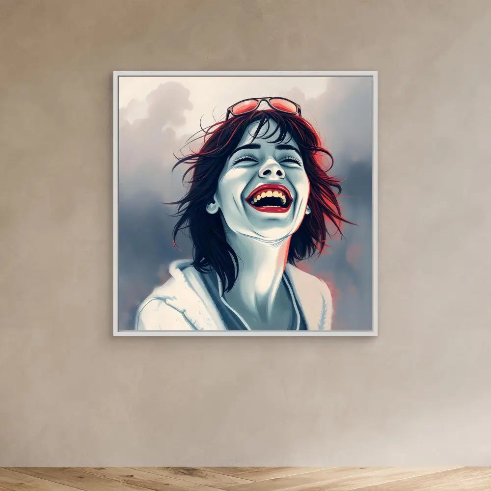 A framed artistic portrait showing a joyful, candid laugh with windswept hair.