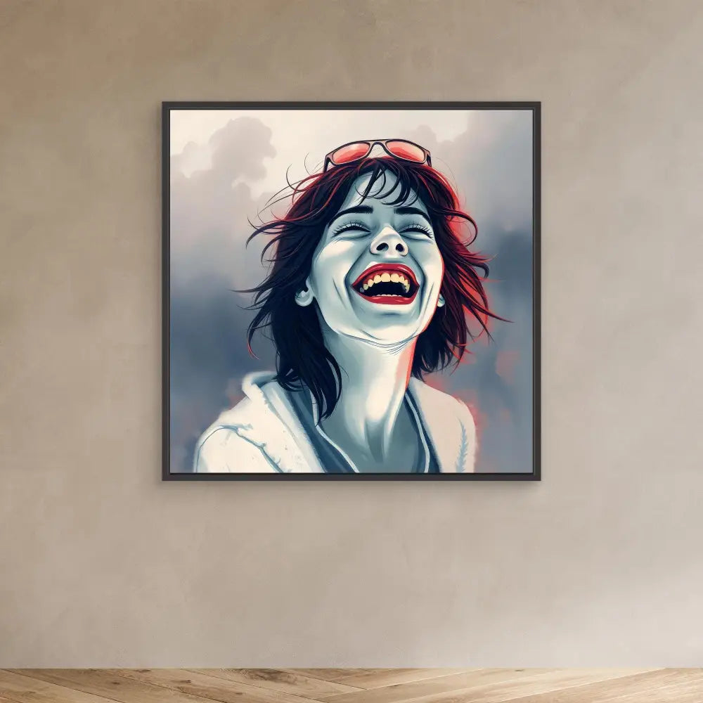 A framed artistic portrait showing a joyful, laughing expression with windswept dark hair and a red headband.