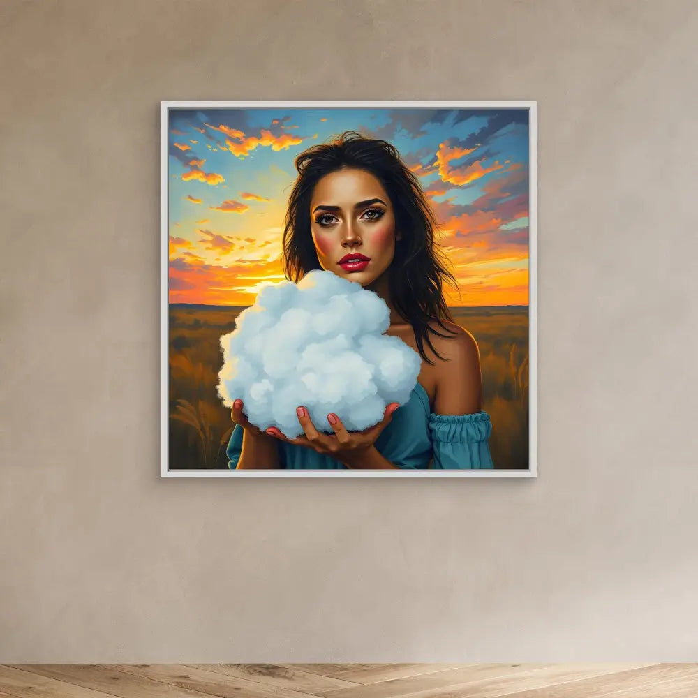 A framed artistic portrait featuring a person holding a white cloud against a sunset sky.