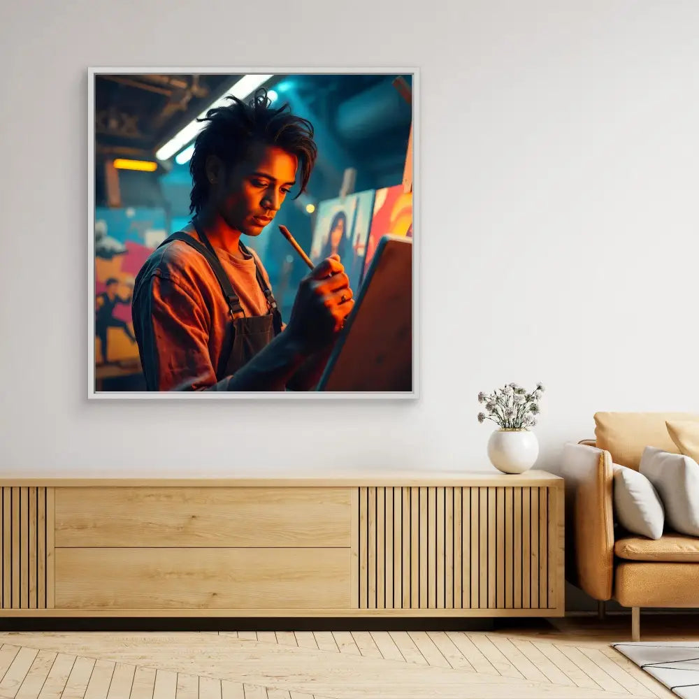 A framed artistic portrait photograph with dramatic blue and orange lighting mounted above a wooden credenza.