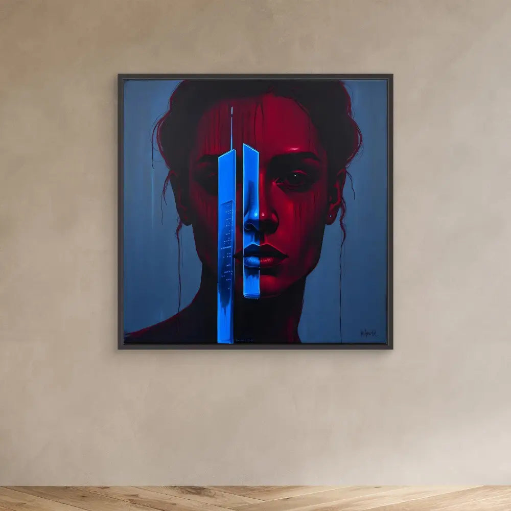 A framed artistic portrait combining red and blue lighting effects with a vertical geometric element overlaid on a silhouette.