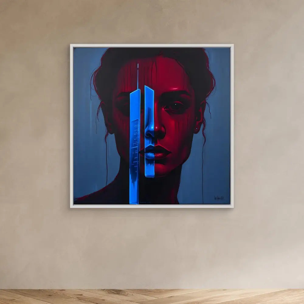 A framed artistic portrait with red and blue lighting featuring silhouetted twin towers overlaid on a shadowy figure.