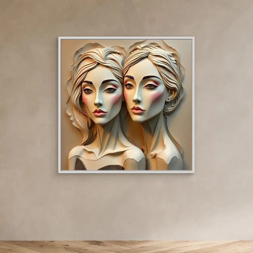 A framed artistic portrait depicting two identical classical-style busts positioned side by side.