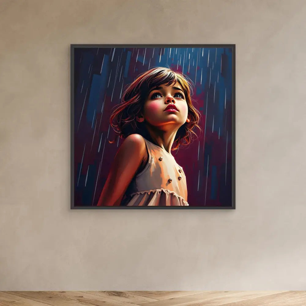 A framed artistic portrait showing an upward gaze against falling rain and dramatic lighting.