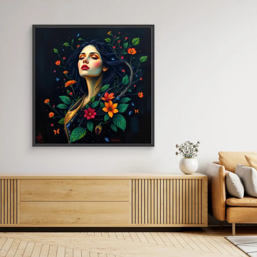 A framed artistic portrait featuring vibrant flowers, butterflies, and foliage against a dark background.